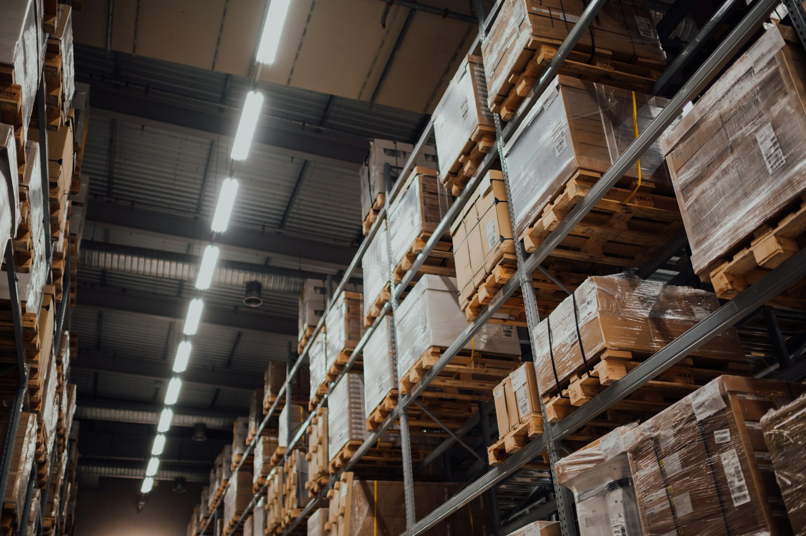 Pallets stacked in a distribution warehouse